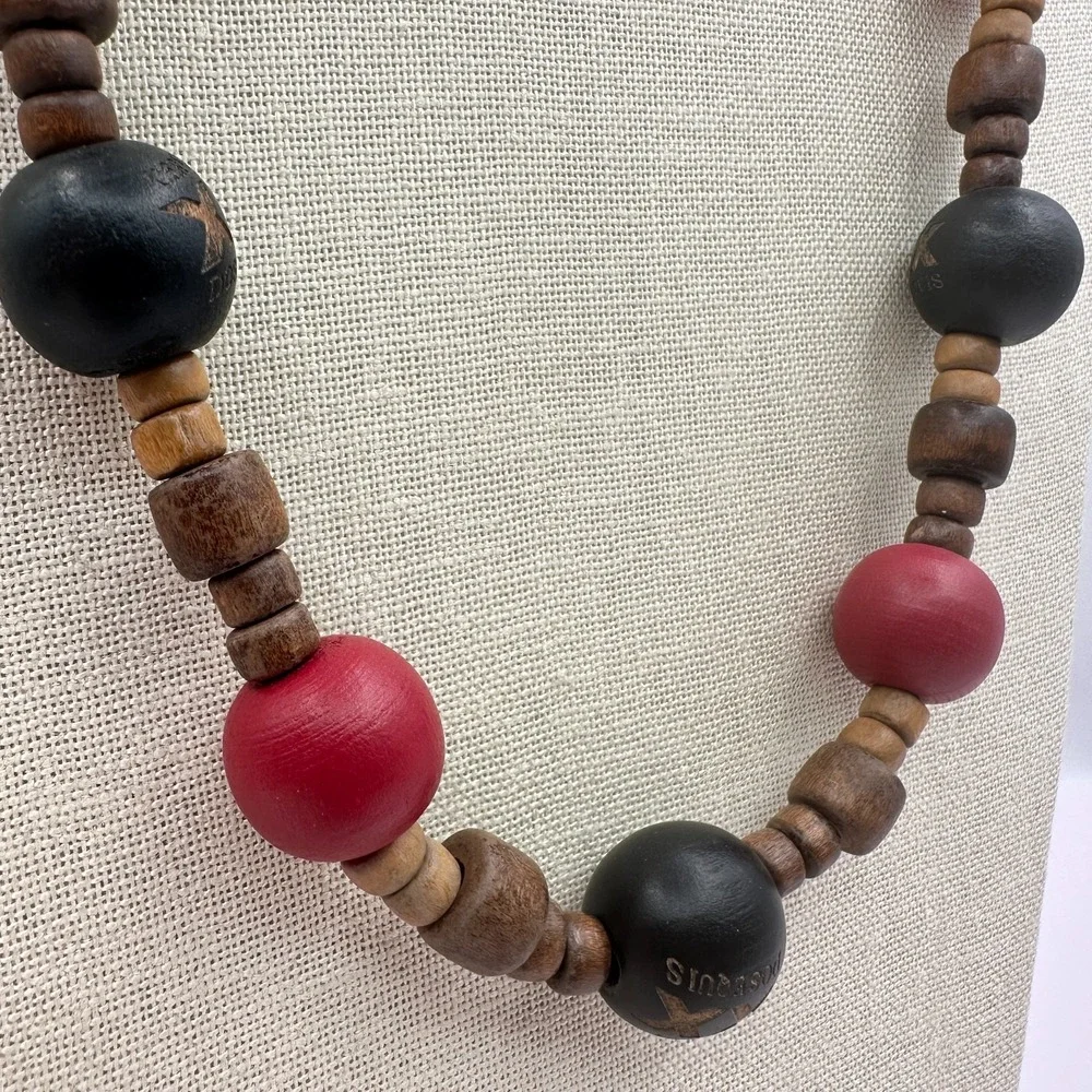 Vintage 90s Dos Equis Wood Bead Necklace Boho Tribal Women's Jewelry